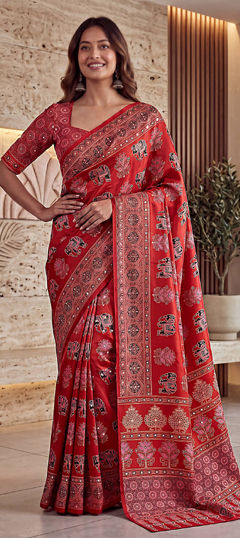 Red and Maroon color Saree in Crepe Silk fabric with Digital Print, Mirror work