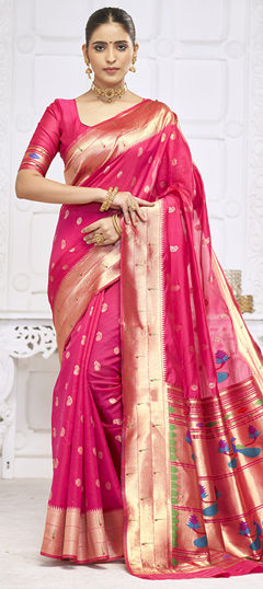 Pink and Majenta color Saree in Blended fabric with Weaving, Zari work