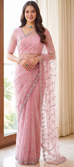 Pink and Majenta color Saree in Net fabric with Bugle Beads, Embroidered, Moti, Sequence work