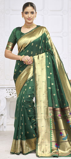 Green color Saree in Blended fabric with Weaving, Zari work