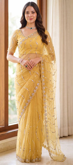 Yellow color Saree in Net fabric with Bugle Beads, Embroidered, Moti, Sequence work
