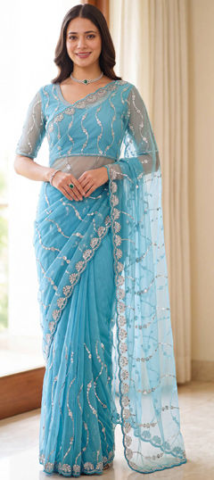 Blue color Saree in Net fabric with Bugle Beads, Embroidered, Moti, Sequence work