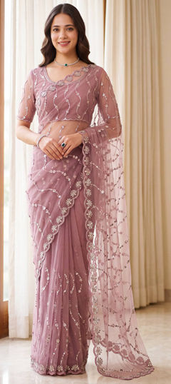 Purple and Violet color Saree in Net fabric with Bugle Beads, Embroidered, Moti, Sequence work