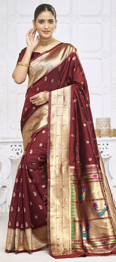 Red and Maroon color Saree in Blended fabric with Weaving, Zari work