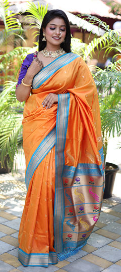 Orange color Saree in Blended fabric with Weaving, Zari work