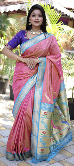 Pink and Majenta color Saree in Blended fabric with Weaving, Zari work