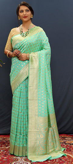 Green color Saree in Blended fabric with Weaving, Zari work