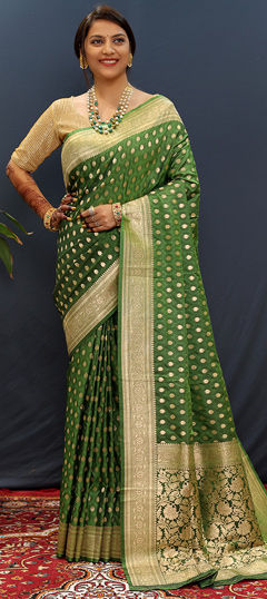 Green color Saree in Blended fabric with Weaving, Zari work