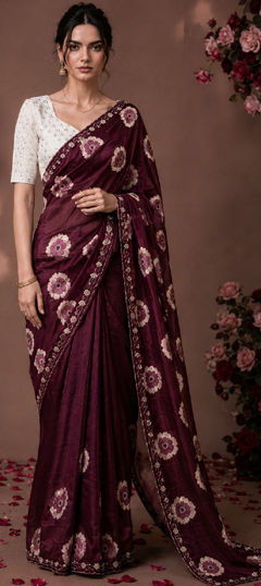 Red and Maroon color Saree in Chiffon fabric with Embroidered, Floral, Printed work