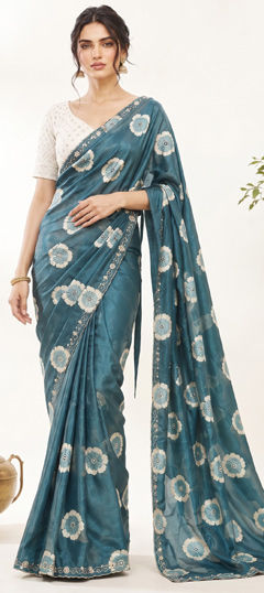 Blue color Saree in Chiffon fabric with Embroidered, Floral, Printed work