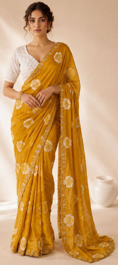 Yellow color Saree in Chiffon fabric with Embroidered, Floral, Printed work