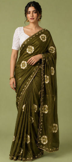 Green color Saree in Chiffon fabric with Embroidered, Floral, Printed work