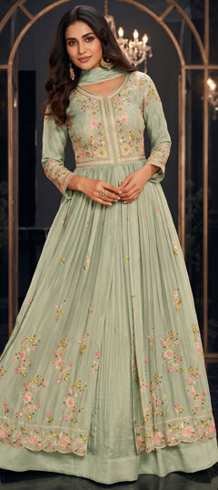 Green color Long Lehenga Choli in Chinon Silk fabric with Embroidered, Sequence work