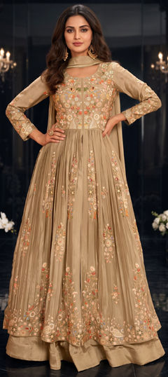 Beige and Brown color Long Lehenga Choli in Chinon Silk fabric with Embroidered, Sequence work