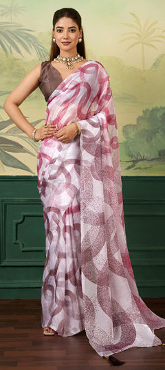 White and Off White color Saree in Satin Silk fabric with Digital Print work