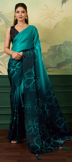 Blue color Saree in Satin Silk fabric with Digital Print work