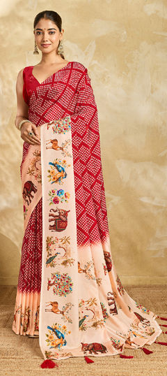 Red and Maroon color Saree in Chinon Silk fabric with Digital Print work