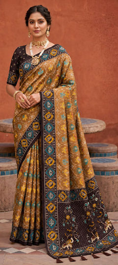 Beige and Brown color Saree in Patola Silk fabric with Printed, Weaving work
