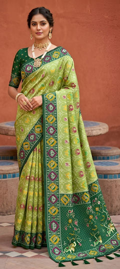 Green color Saree in Patola Silk fabric with Printed, Weaving work