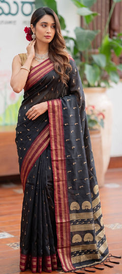 Black and Grey color Saree in Silk fabric with Weaving work