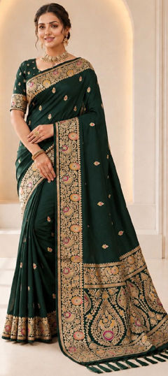 Green color Saree in Banarasi Silk fabric with Weaving work