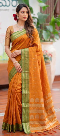 Yellow color Saree in Silk fabric with Weaving work