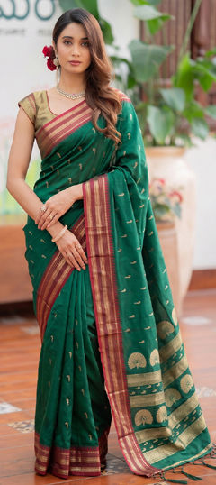 Green color Saree in Silk fabric with Weaving work