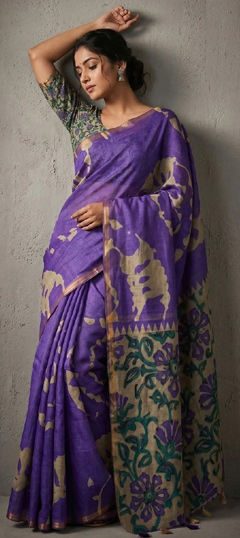 Purple and Violet color Saree in Cotton fabric with Border, Printed, Zari work