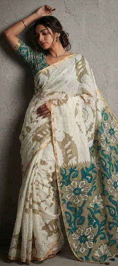 White and Off White color Saree in Cotton fabric with Border, Printed, Zari work