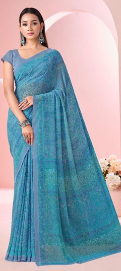 Blue color Saree in Faux Georgette fabric with Printed work