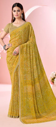 Yellow color Saree in Faux Georgette fabric with Printed work