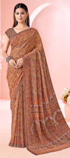 Beige and Brown color Saree in Faux Georgette fabric with Printed work
