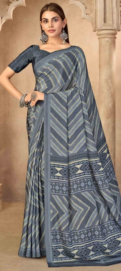 Blue color Saree in Crepe Silk fabric with Printed work