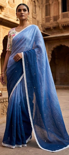 Blue color Saree in Linen fabric with Embroidered, Mirror work