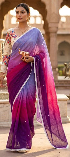 Blue color Saree in Linen fabric with Embroidered, Mirror work