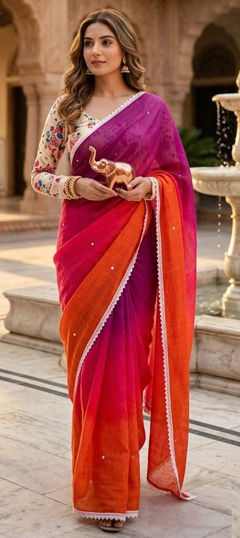 Pink and Majenta color Saree in Linen fabric with Embroidered, Mirror work
