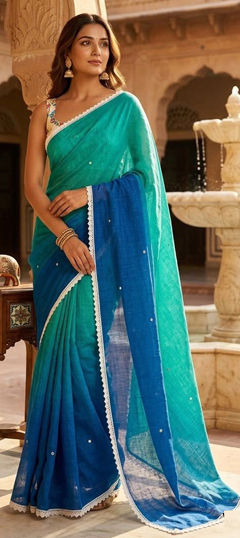 Blue color Saree in Linen fabric with Embroidered, Mirror work