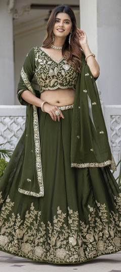 Green color Lehenga in Silk fabric with Embroidered, Sequence, Thread, Zari work