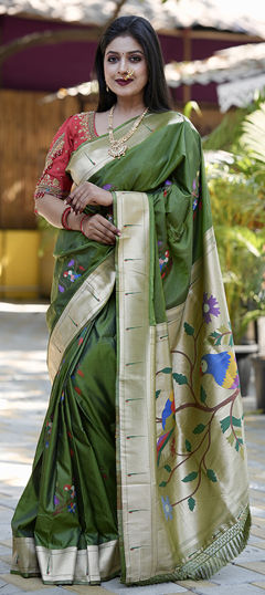 Green color Saree in Blended fabric with Weaving, Zari work