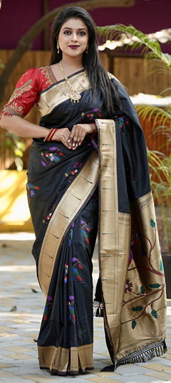 Black and Grey color Saree in Blended fabric with Weaving, Zari work