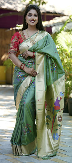 Green color Saree in Blended fabric with Weaving, Zari work