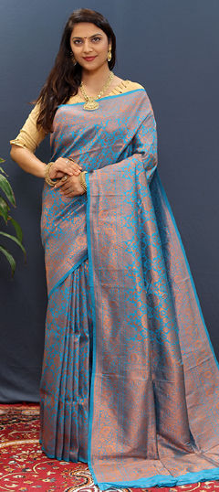 Blue color Saree in Blended fabric with Weaving, Zari work