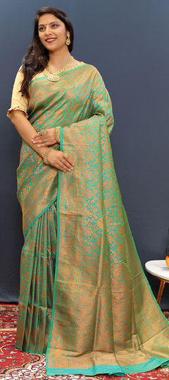 Green color Saree in Blended fabric with Weaving, Zari work