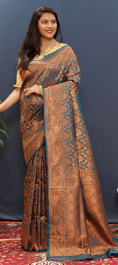 Blue color Saree in Blended fabric with Weaving, Zari work
