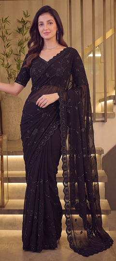 Black and Grey color Saree in Faux Georgette fabric with Embroidered work