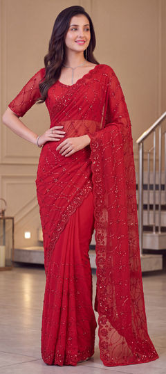 Red and Maroon color Saree in Faux Georgette fabric with Embroidered work