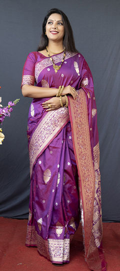 Pink and Majenta color Saree in Blended fabric with Weaving, Zari work