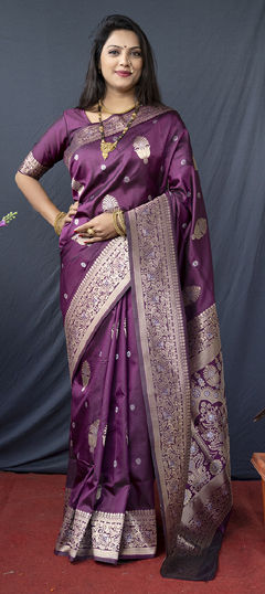 Purple and Violet color Saree in Blended fabric with Weaving, Zari work