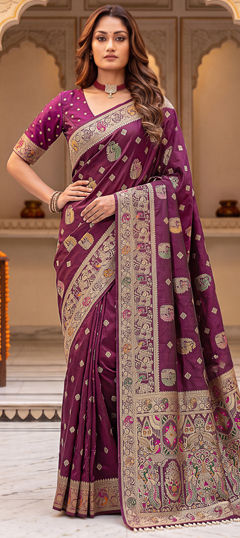 Purple and Violet color Saree in Satin Silk fabric with Weaving work