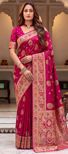 Red and Maroon color Saree in Satin Silk fabric with Weaving work